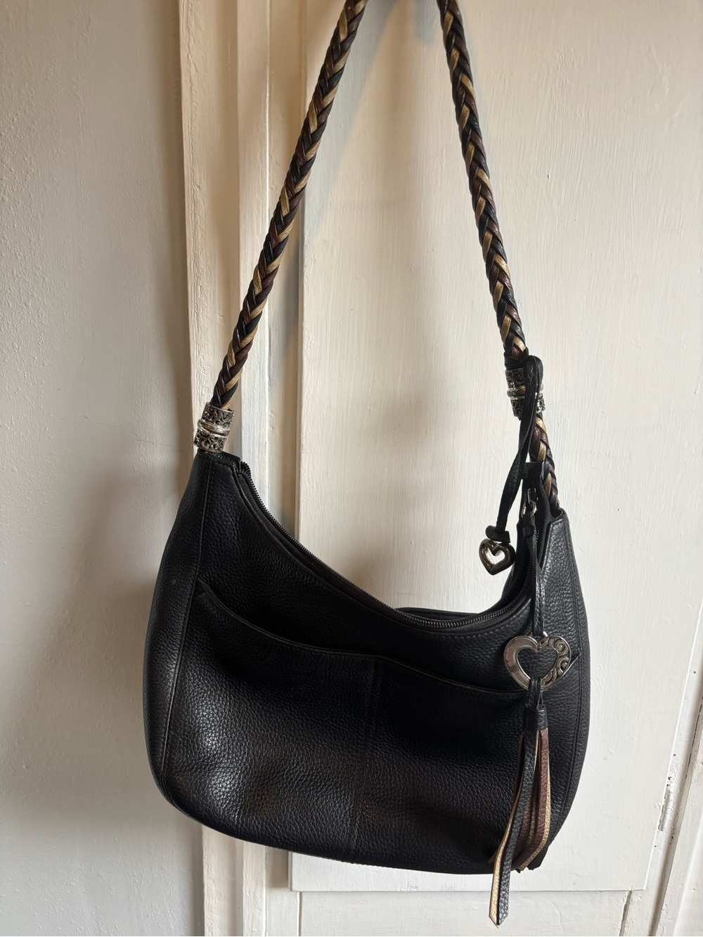 Brighton Black Leather Shoulder Bag with Braided Strap and Heart Charm